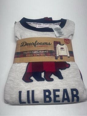 dearfoams Cream Long Sleeve Kids Pajama set with Red & Navy Plaid Bear Graphic